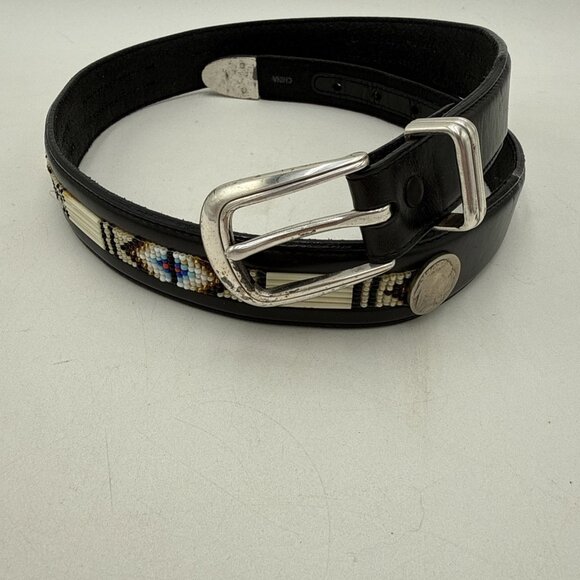 BRIGHTON Belt Beaded Western ZUNI BLack Leather Mens 32 Silver Buckle Removable main image 6